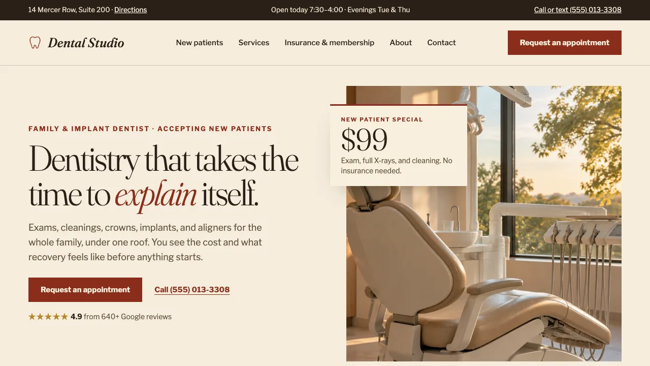 A Dental Studio homepage with Call, Book, and Directions in reach, a $99 new-patient offer, and a treatment-room photo.