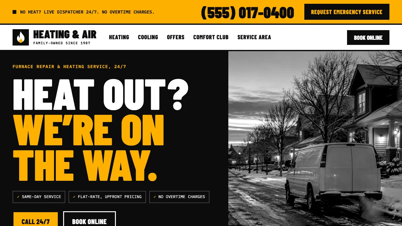 An HVAC homepage: an emergency number and dispatch button above a heat-out headline and a service van on a winter street.
