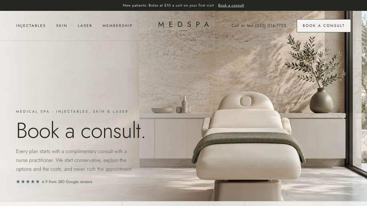 A medspa homepage: a full-bleed treatment room and a complimentary consult as the first step.